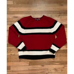 Tommy Hilfiger Mens Red and Black Striped Cotton Lambswool Sweater Size XL